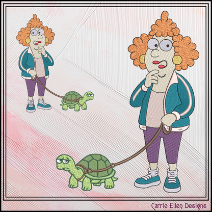 Lady Walking A Turtle Machine Embroidery Design File - Funny Pet Cartoon Pattern, 6 Sizes (4422)
