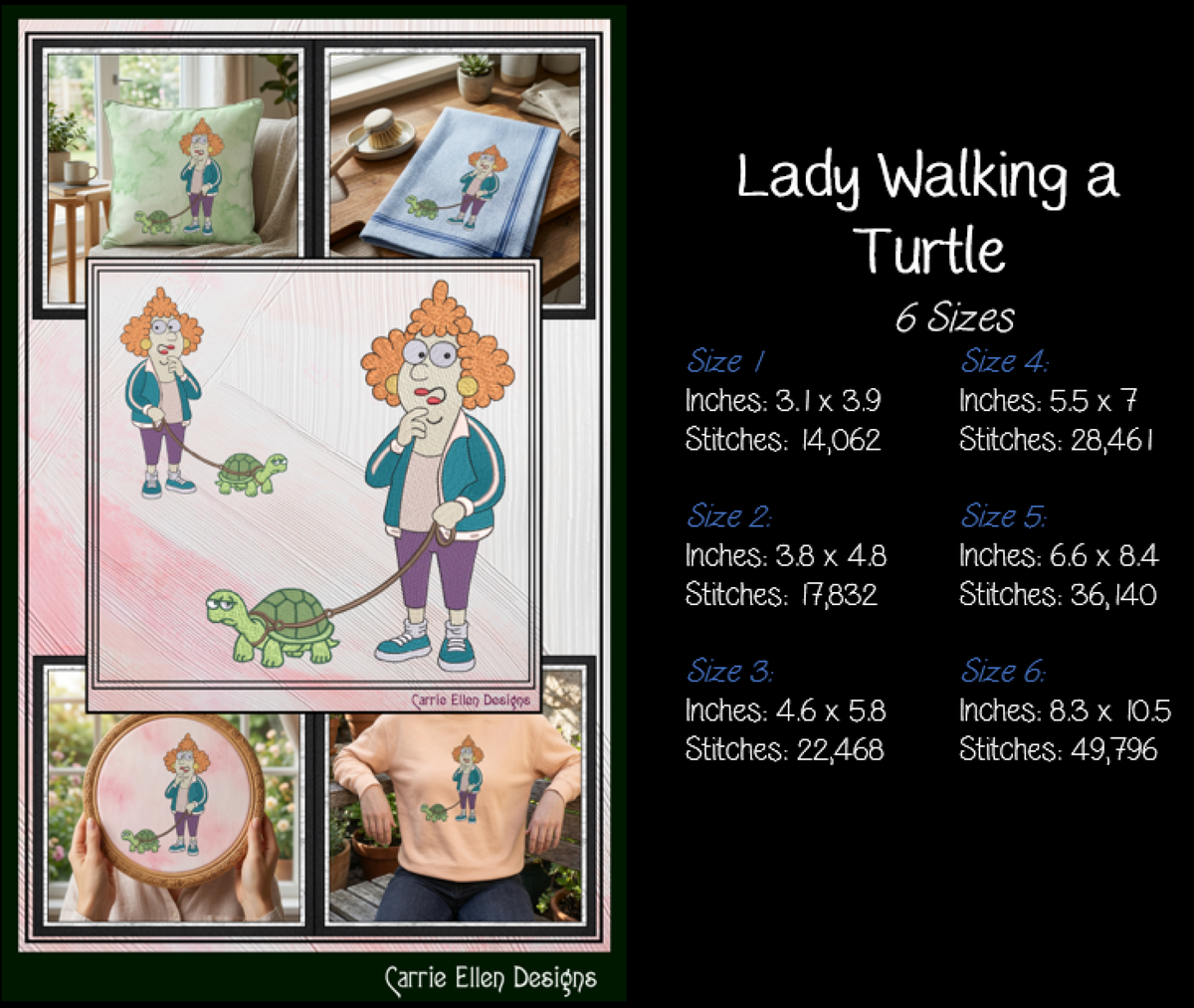 Lady Walking A Turtle Machine Embroidery Design File - Funny Pet Cartoon Pattern, 6 Sizes (4422)