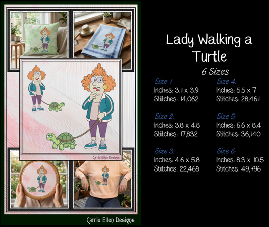 Lady Walking A Turtle Machine Embroidery Design File - Funny Pet Cartoon Pattern, 6 Sizes (4422)
