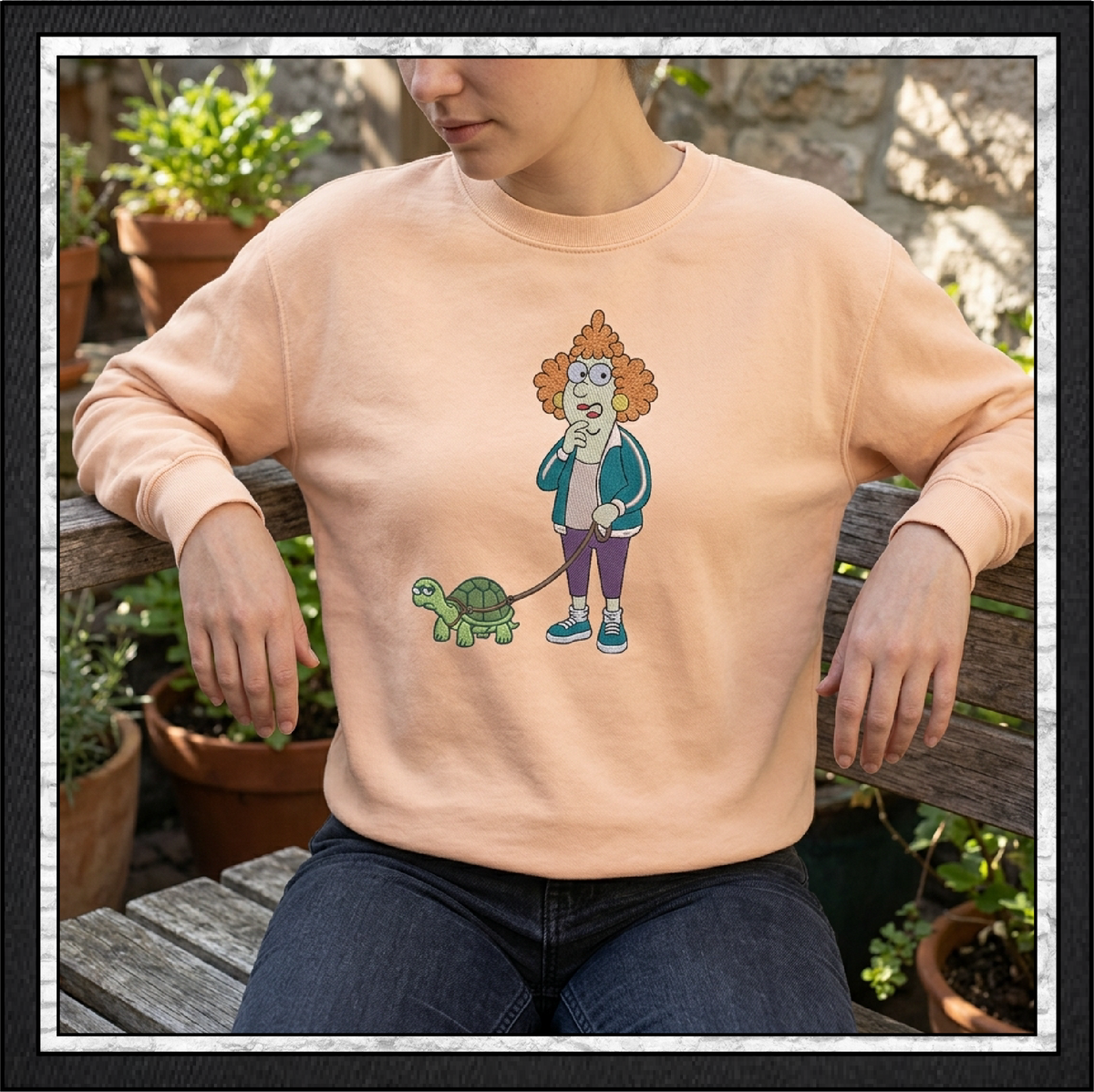 Lady Walking A Turtle Machine Embroidery Design File - Funny Pet Cartoon Pattern, 6 Sizes (4422)