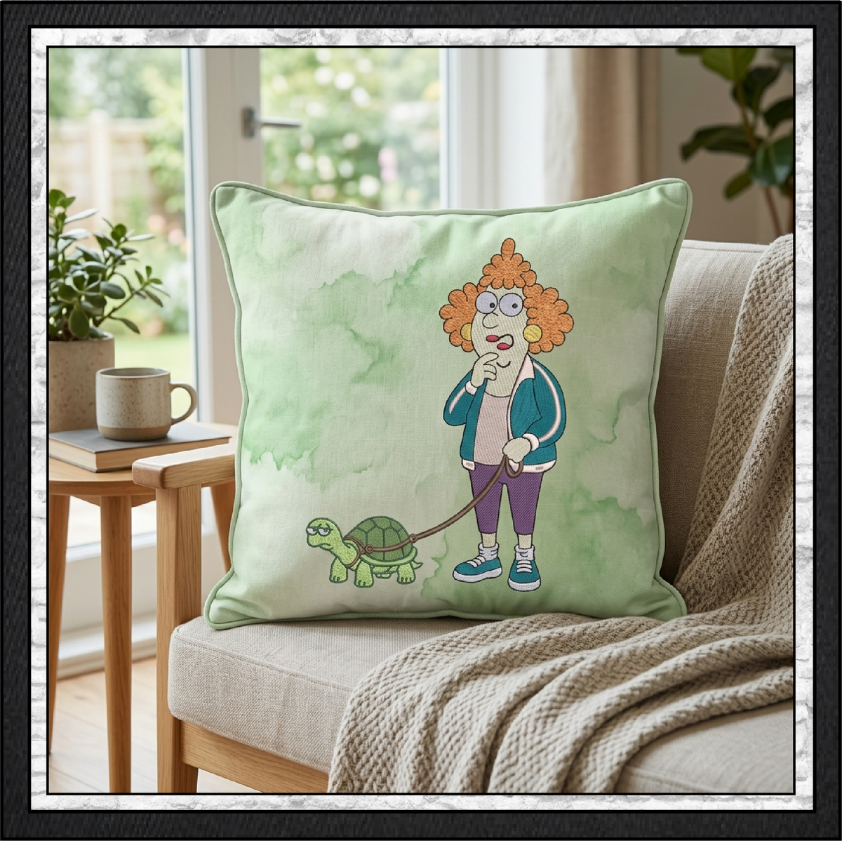 Lady Walking A Turtle Machine Embroidery Design File - Funny Pet Cartoon Pattern, 6 Sizes (4422)