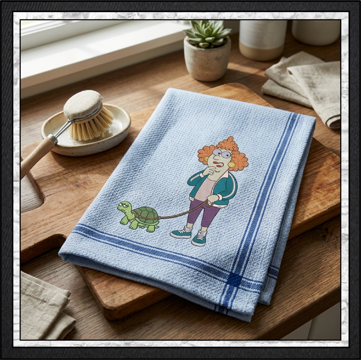 Lady Walking A Turtle Machine Embroidery Design File - Funny Pet Cartoon Pattern, 6 Sizes (4422)