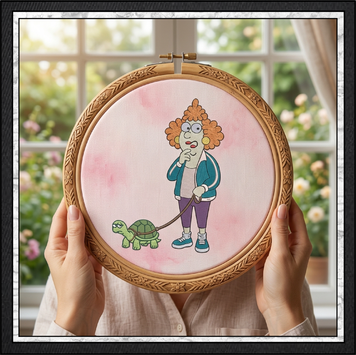 Lady Walking A Turtle Machine Embroidery Design File - Funny Pet Cartoon Pattern, 6 Sizes (4422)