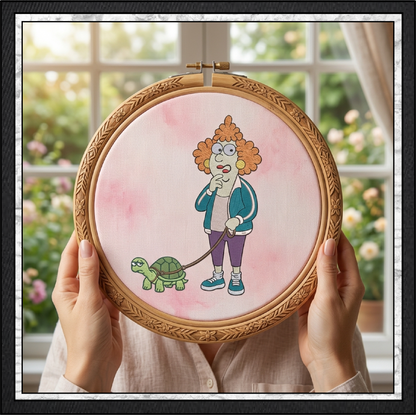 Lady Walking A Turtle Machine Embroidery Design File - Funny Pet Cartoon Pattern, 6 Sizes (4422)