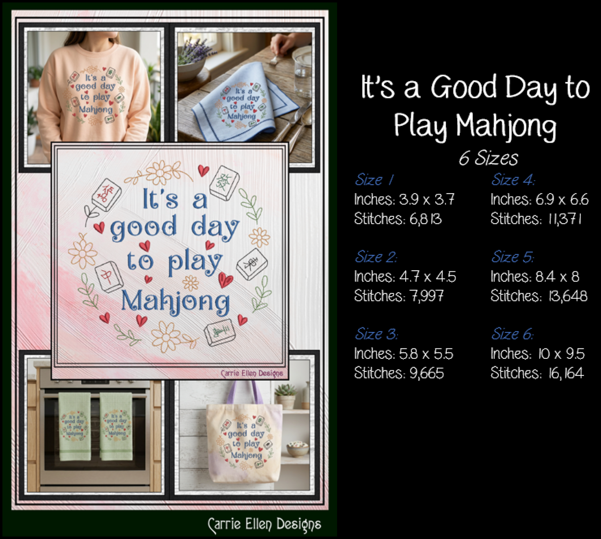"It's a Good Day to Play Mahjong" Floral Wreath Machine Embroidery Design, 6 Sizes (4424)