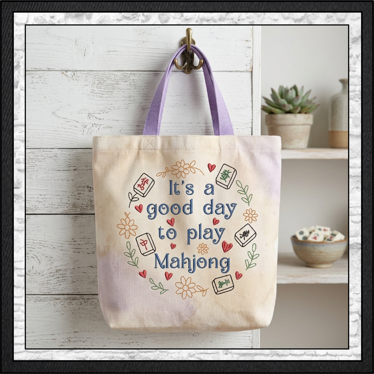 "It's a Good Day to Play Mahjong" Floral Wreath Machine Embroidery Design, 6 Sizes (4424)