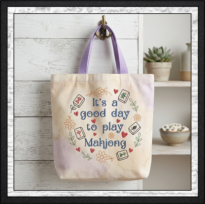 "It's a Good Day to Play Mahjong" Floral Wreath Machine Embroidery Design, 6 Sizes (4424)