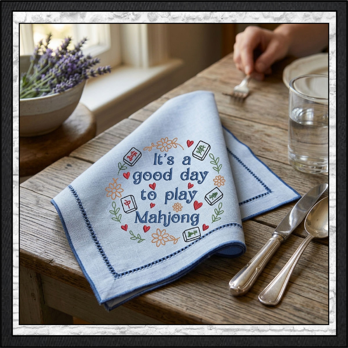 "It's a Good Day to Play Mahjong" Floral Wreath Machine Embroidery Design, 6 Sizes (4424)
