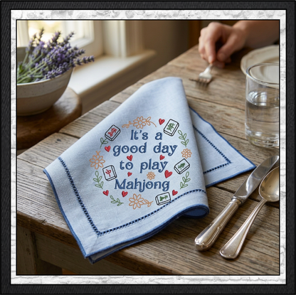 "It's a Good Day to Play Mahjong" Floral Wreath Machine Embroidery Design, 6 Sizes (4424)