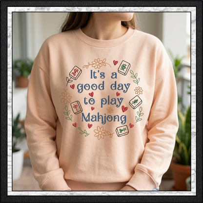 "It's a Good Day to Play Mahjong" Floral Wreath Machine Embroidery Design, 6 Sizes (4424)
