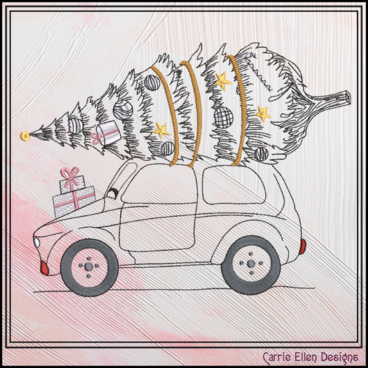 Christmas on the Road Machine Embroidery Design File - Vintage Car Christmas Tree Pattern, 6 Sizes (4429)