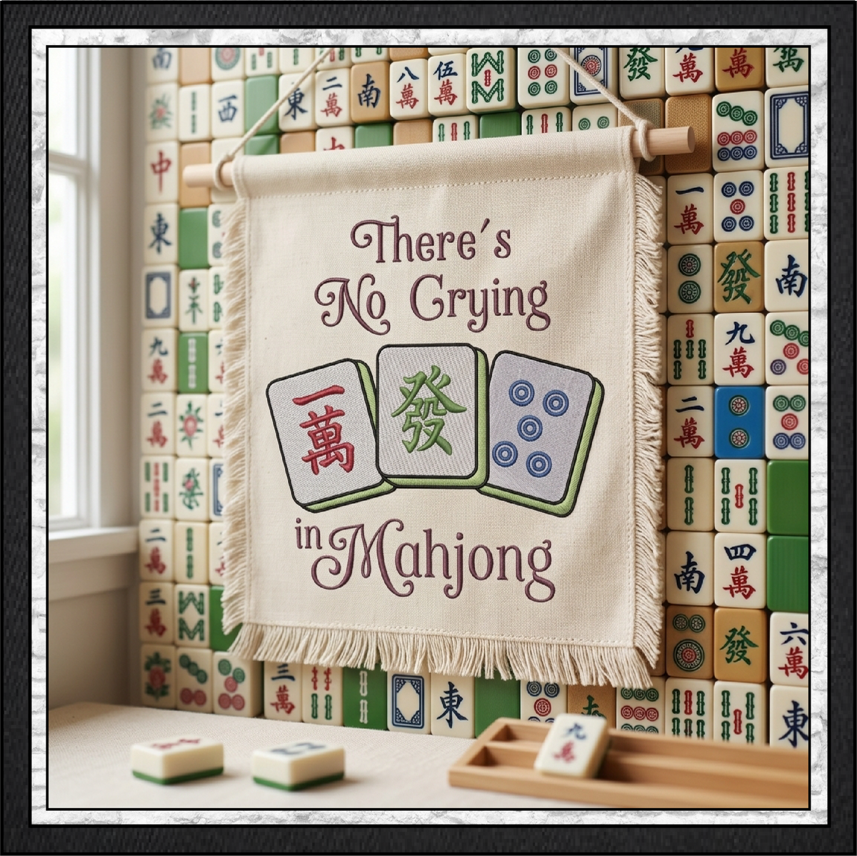 "There's No Crying in Mahjong" Tiles Quote Machine Embroidery Design, 6 Sizes (4430)