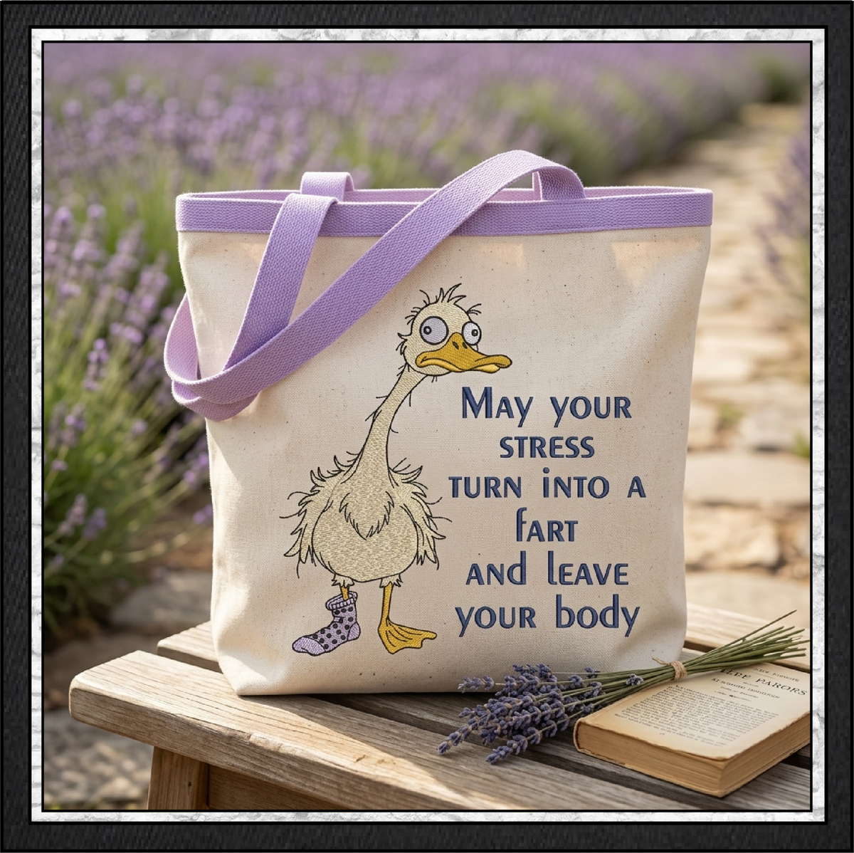 "May Your Stress Turn Into a Fart" Funny Goose Duck Machine Embroidery Design, 6 Sizes (4432)
