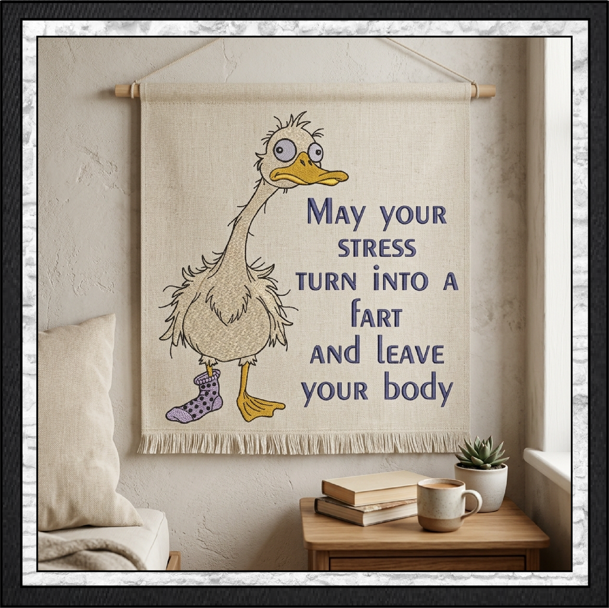 "May Your Stress Turn Into a Fart" Funny Goose Duck Machine Embroidery Design, 6 Sizes (4432)