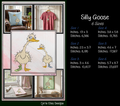 Silly Goose Machine Embroidery Design File - Funny Cartoon Duck  Pattern, 6 Sizes (4433)