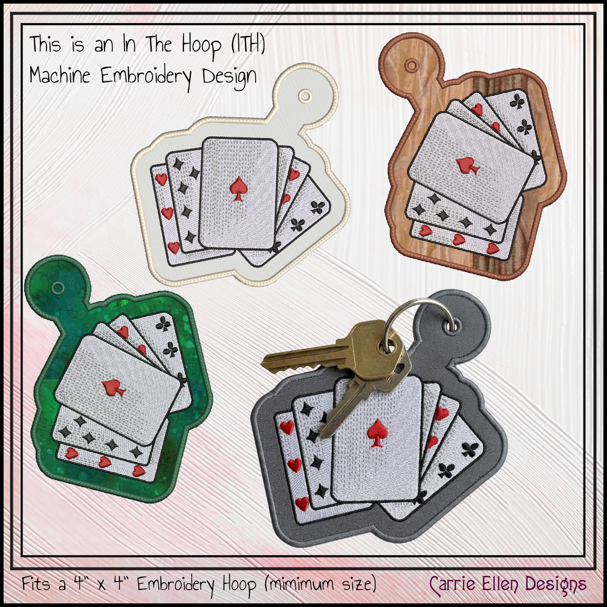 Playing Cards Key Fob / Bag Charm – In The Hoop Machine Embroidery Project (4436)