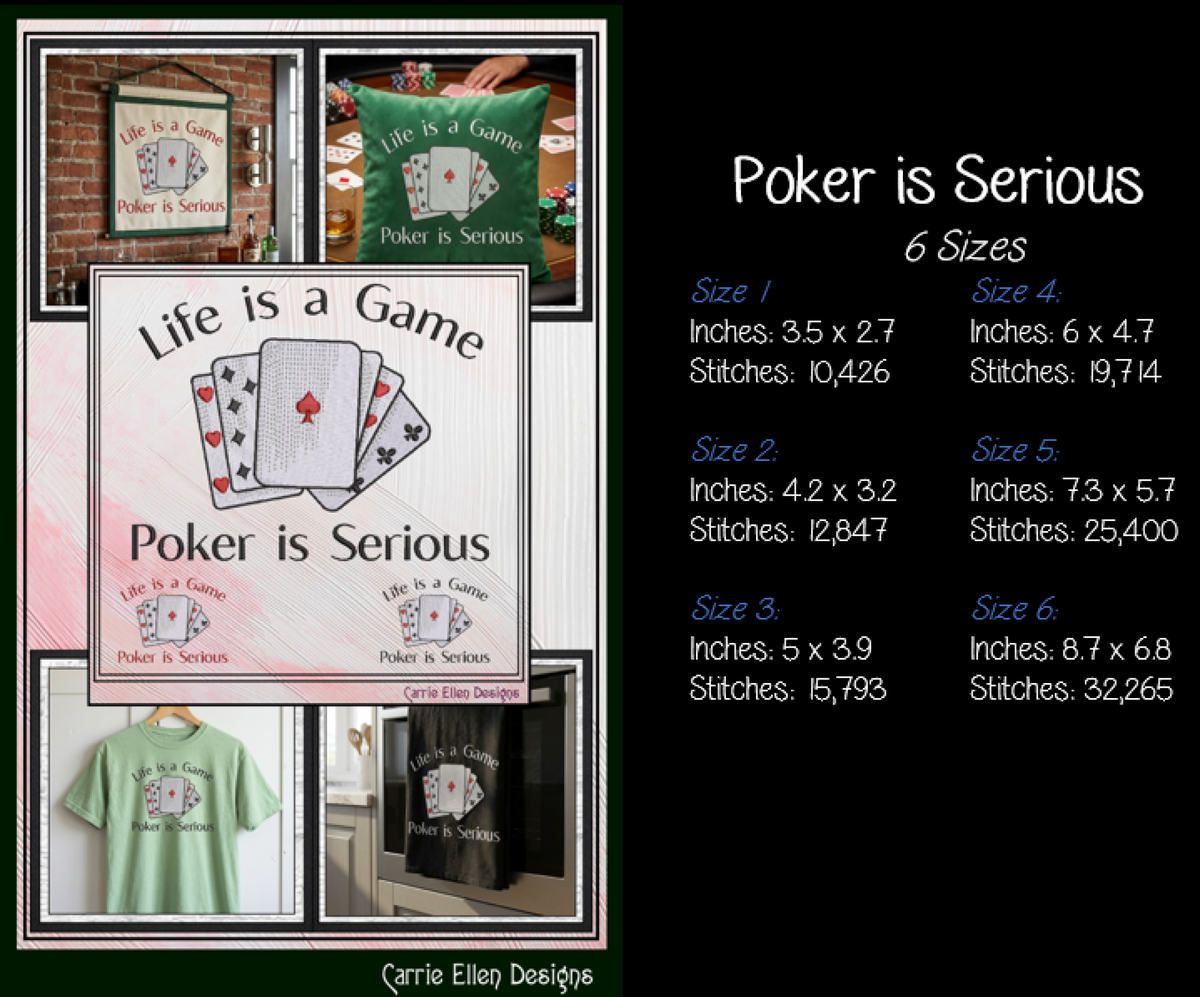 "Life is a Game Poker is Serious" Playing Cards Quote Machine Embroidery Design, 6 Sizes (4437)