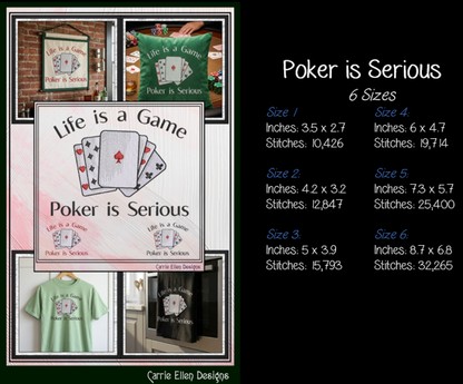 "Life is a Game Poker is Serious" Playing Cards Quote Machine Embroidery Design, 6 Sizes (4437)