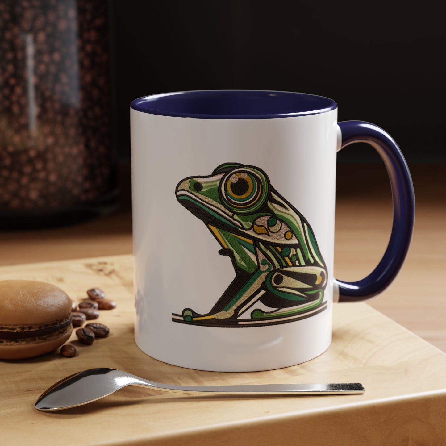 Green Stylized Frog Mug | Embroidery Styled Accent Colored Printed Coffee Mug (3817)