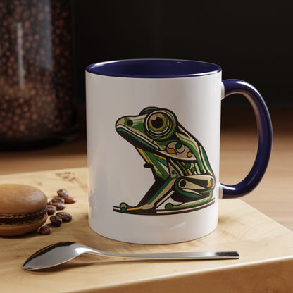 Green Stylized Frog Mug | Embroidery Styled Accent Colored Printed Coffee Mug (3817)