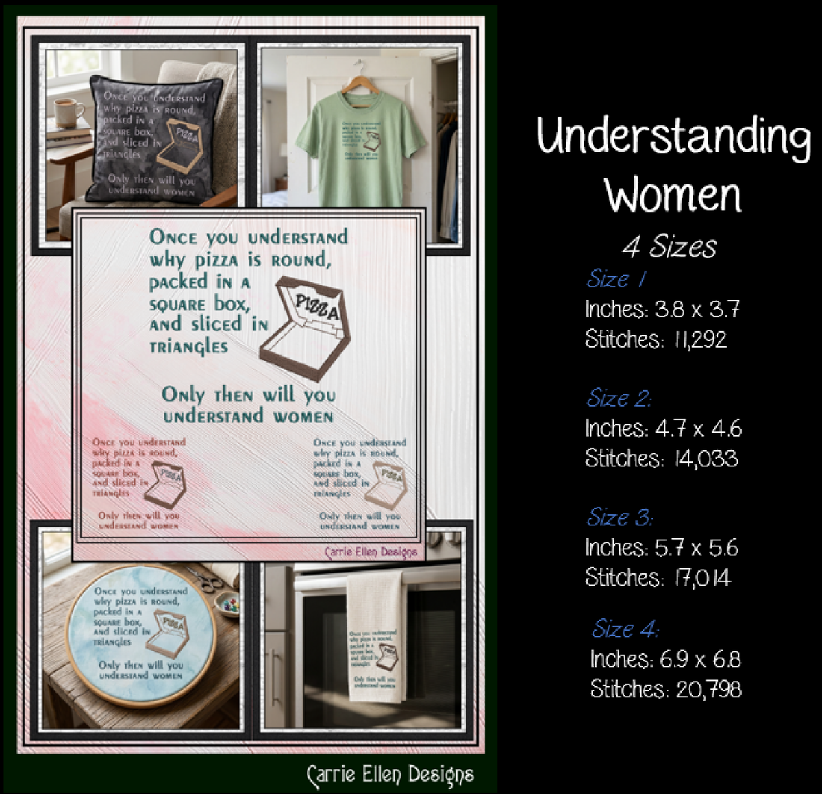 Understanding Women Pizza Machine Embroidery Design File - Funny Food Quote Pattern, 4 Sizes (4471)