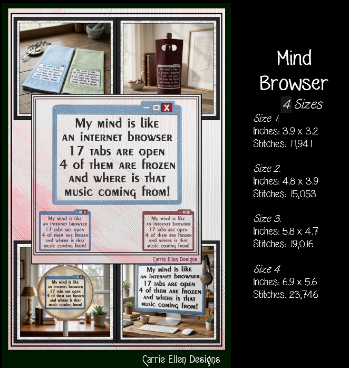 "My Mind is Like an Internet Browser" Funny Quote Machine Embroidery Design, 4 Sizes (4472)