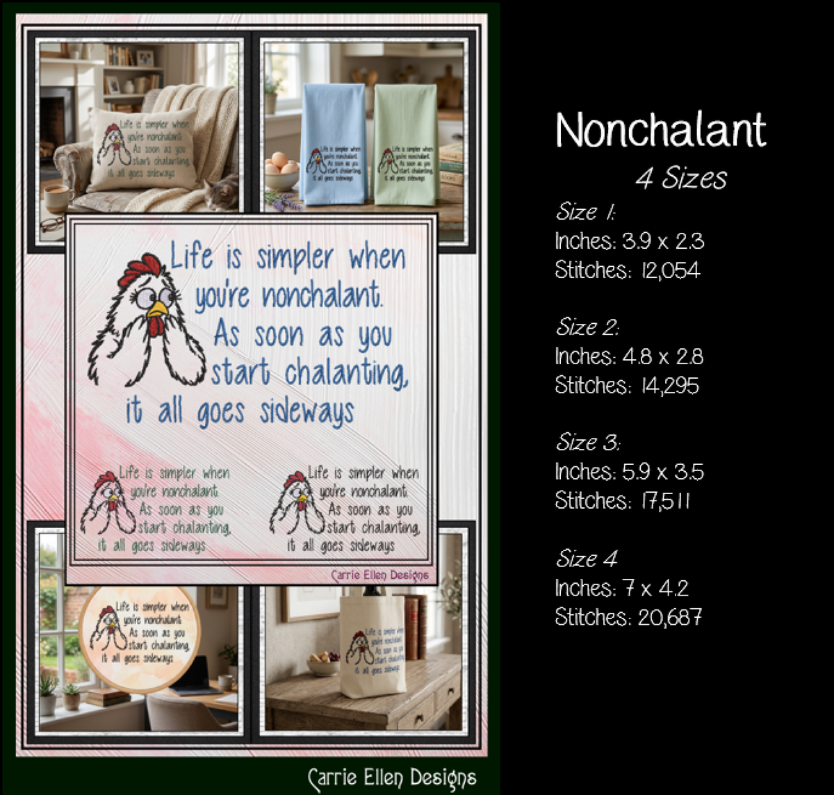 "Life is Simpler When You're Nonchalant" Chicken Quote Machine Embroidery Design, 4 Sizes (4473)