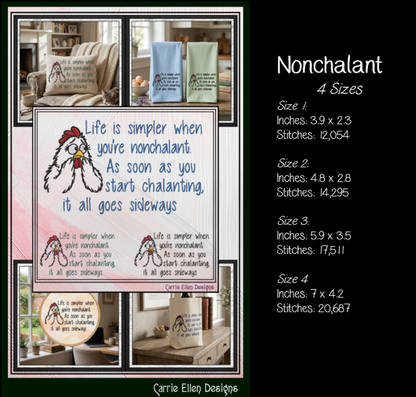 "Life is Simpler When You're Nonchalant" Chicken Quote Machine Embroidery Design, 4 Sizes (4473)