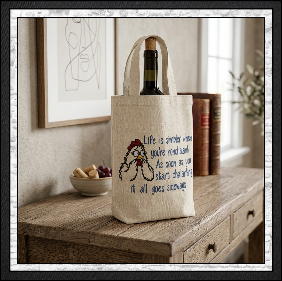 "Life is Simpler When You're Nonchalant" Chicken Quote Machine Embroidery Design, 4 Sizes (4473)