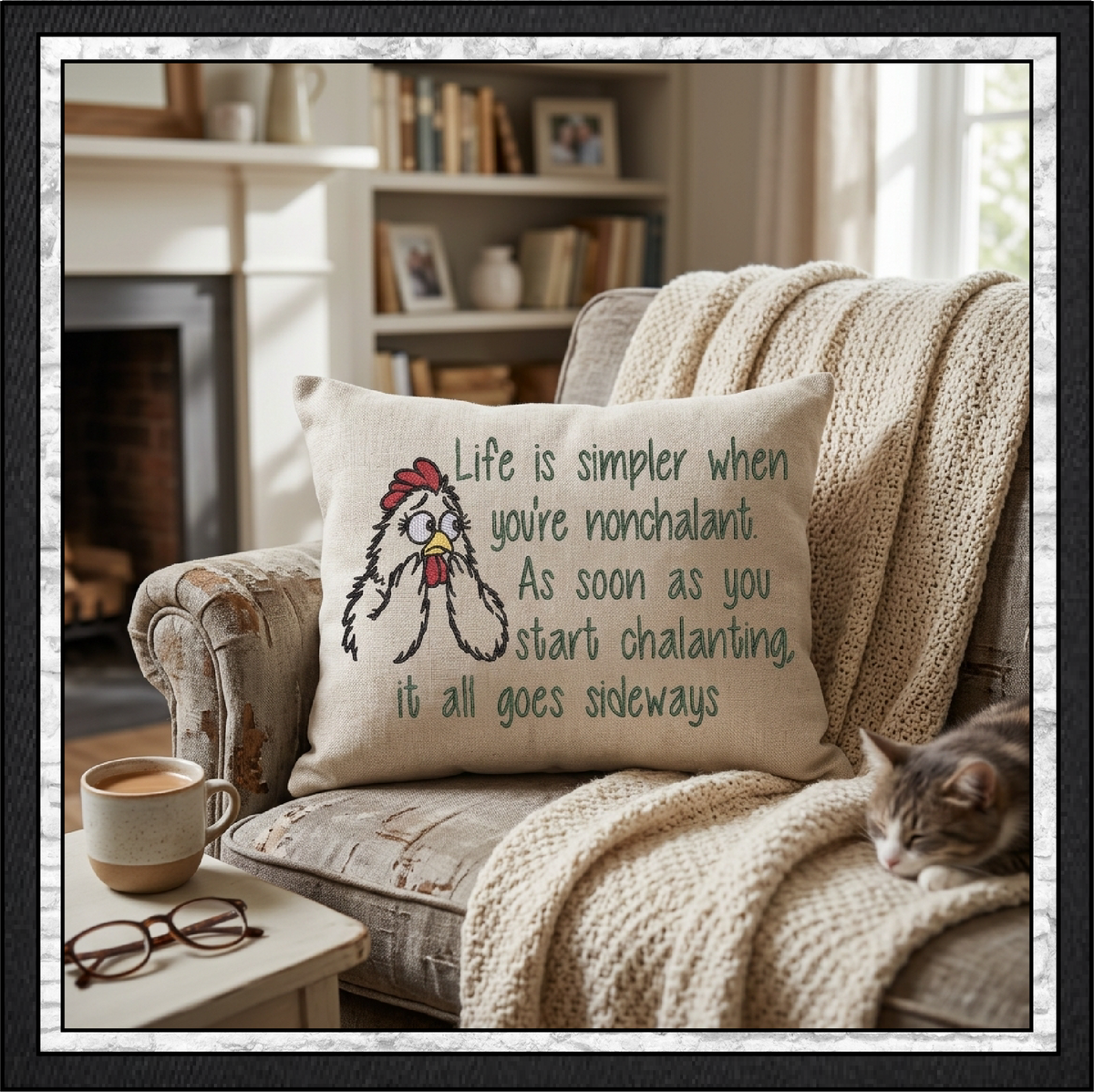"Life is Simpler When You're Nonchalant" Chicken Quote Machine Embroidery Design, 4 Sizes (4473)
