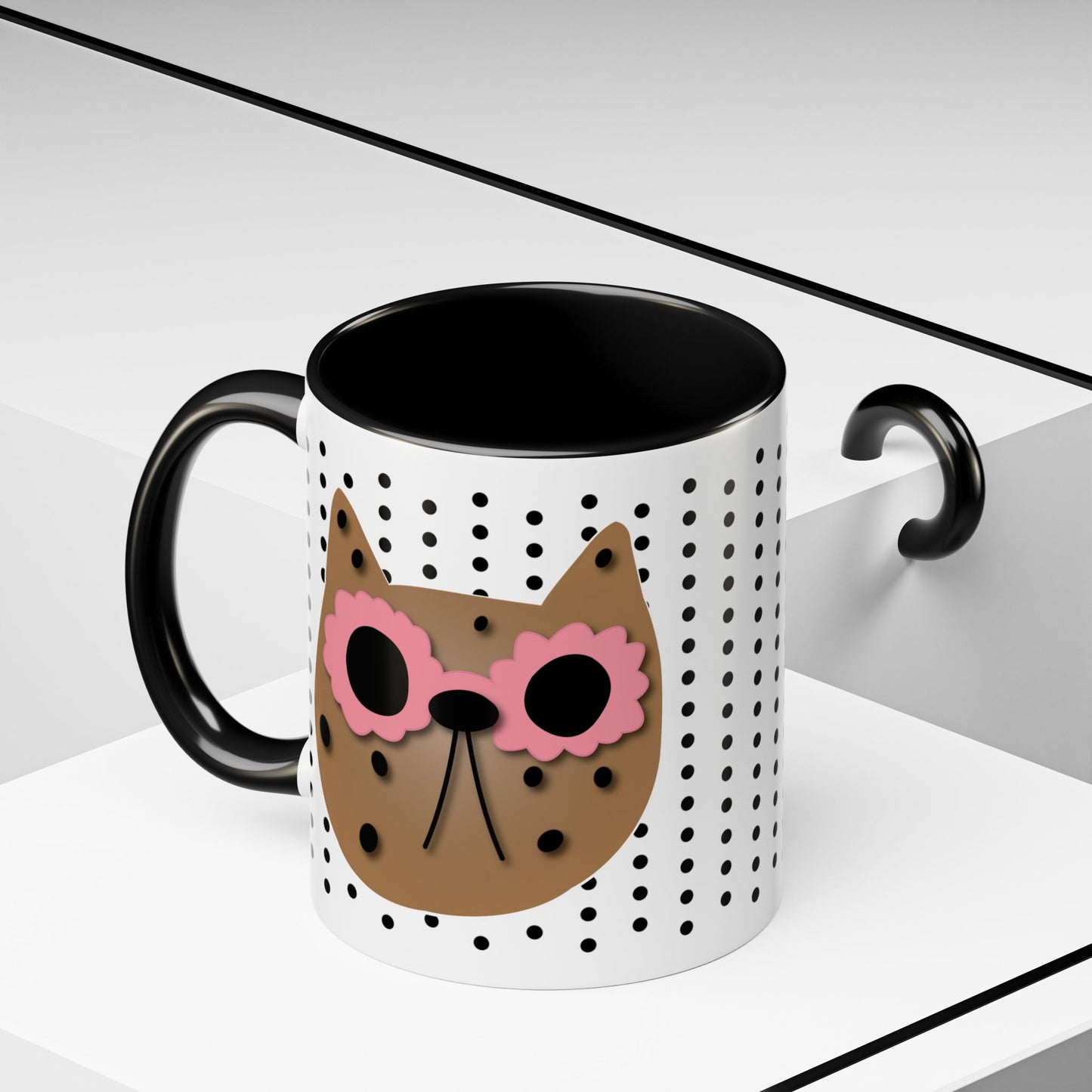 Spotted Cat Mug with Pink Sunglasses Accent Coffee Cup | 11oz 15oz (3812)