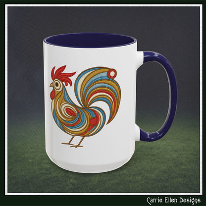 Colorful Rooster Accent Coffee Mug – Abstract Farmhouse Animal Embroidery Styled Print | 11oz & 15oz Ceramic (P-6081)