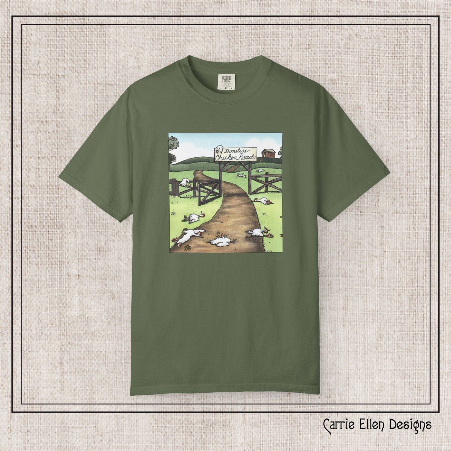 Boneless Chicken Ranch Comfort Colors T-Shirt | Farside Farm Chickens Printed Short Sleeve Tee | Multiple Color Options (P-6074)