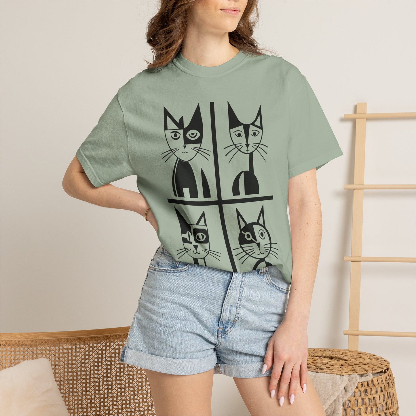 Geometric Cat Comfort Colors® T-Shirt | Minimalist Garment Dyed Cat Tee,  12 Colors (4279)