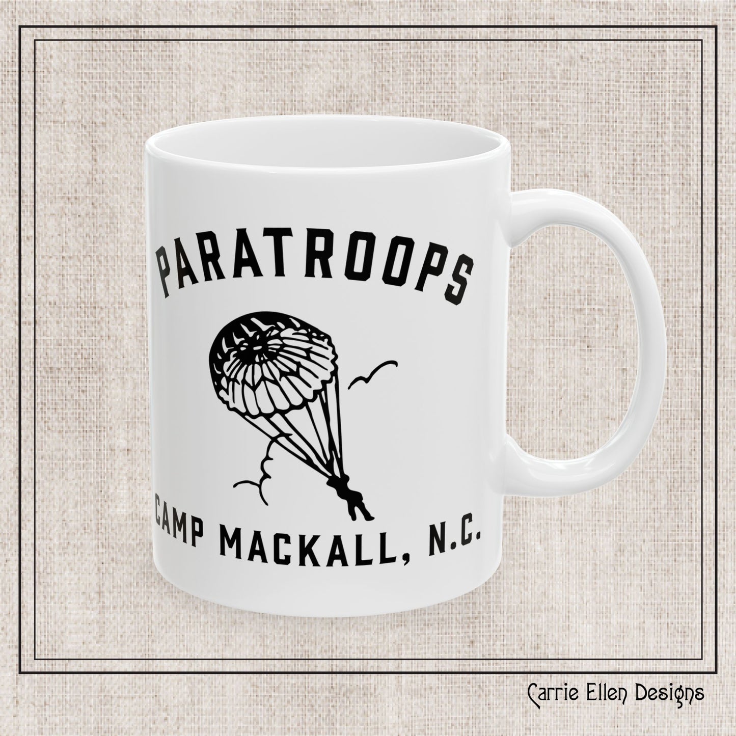 Paratroops Camp Mackall NC Ceramic Mug – Vintage WWII U.S. Army Graphic Reproduction – 11oz & 15oz Sizes (P-6059)