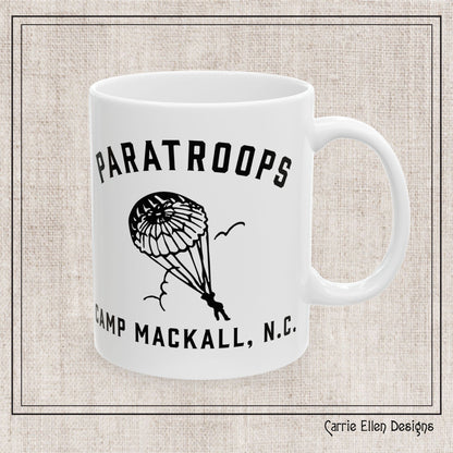 Paratroops Camp Mackall NC Ceramic Mug – Vintage WWII U.S. Army Graphic Reproduction – 11oz & 15oz Sizes (P-6059)