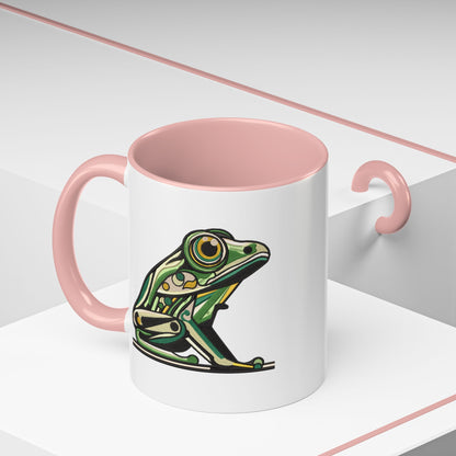 Green Stylized Frog Mug | Embroidery Styled Accent Colored Printed Coffee Mug (3817)