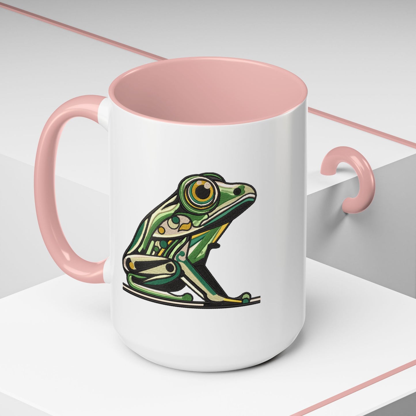 Green Stylized Frog Mug | Embroidery Styled Accent Colored Printed Coffee Mug (3817)