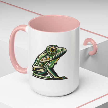 Green Stylized Frog Mug | Embroidery Styled Accent Colored Printed Coffee Mug (3817)