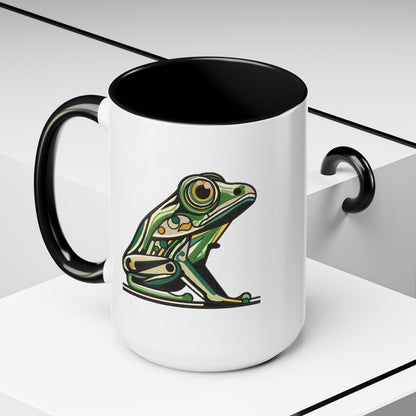 Green Stylized Frog Mug | Embroidery Styled Accent Colored Printed Coffee Mug (3817)