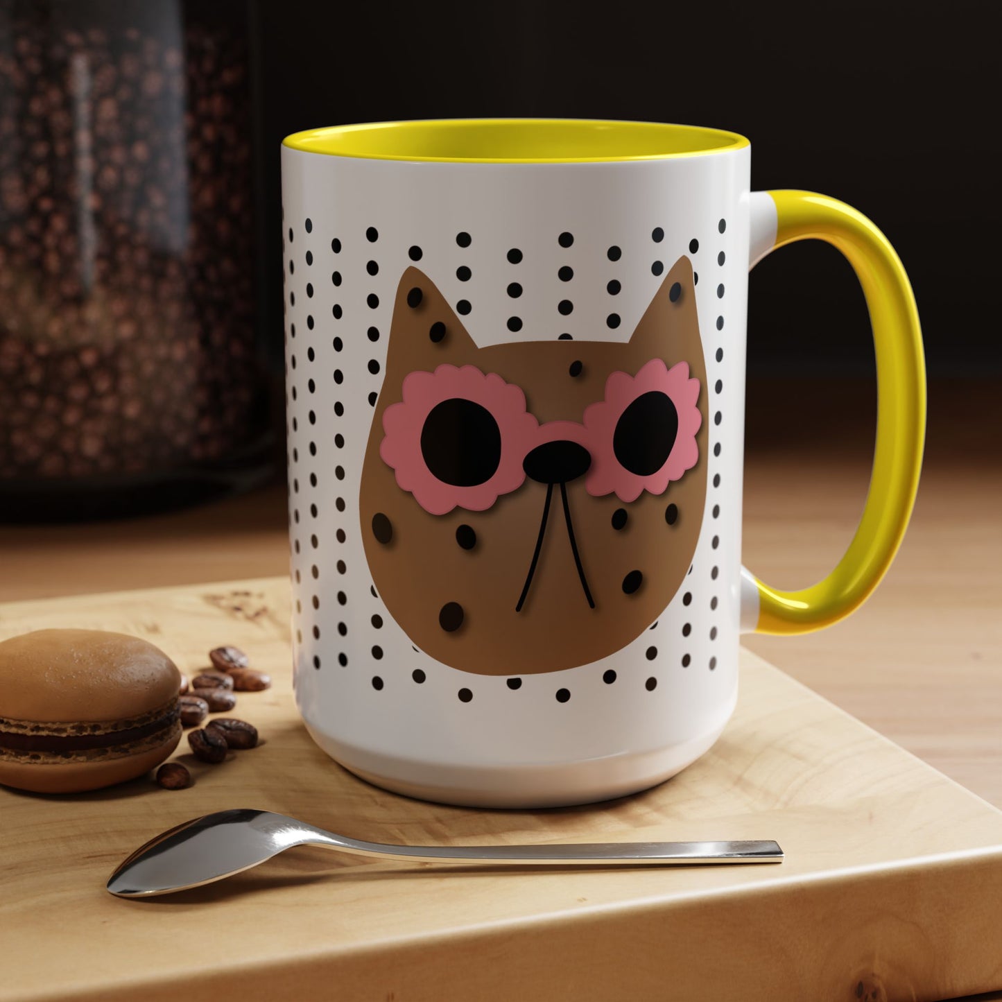 Spotted Cat Mug with Pink Sunglasses Accent Coffee Cup | 11oz 15oz (3812)