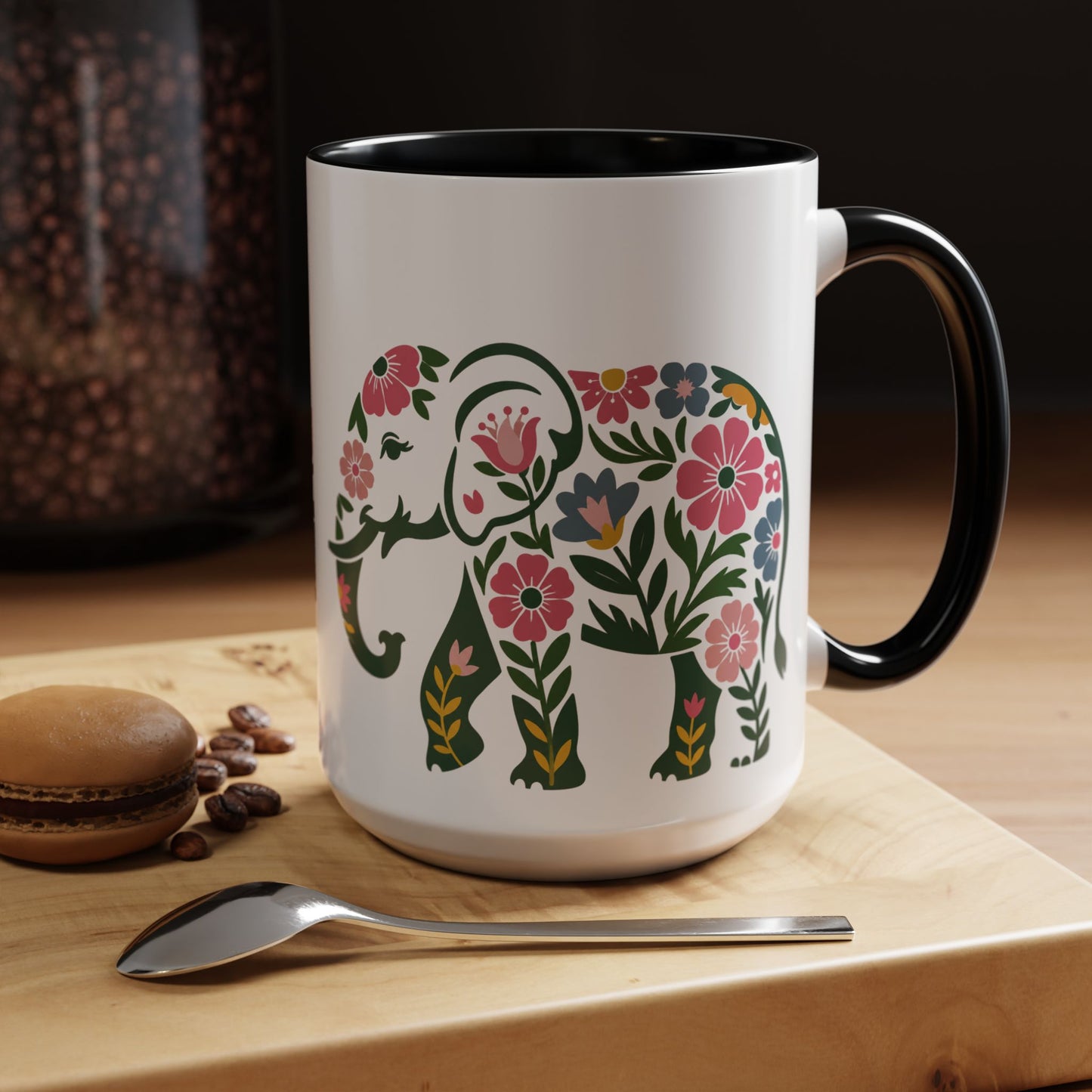 Floral Elephant Accent Coffee Mug | Boho Elephant Ceramic Mug | 11oz & 15oz Color Accent Mug (4271)