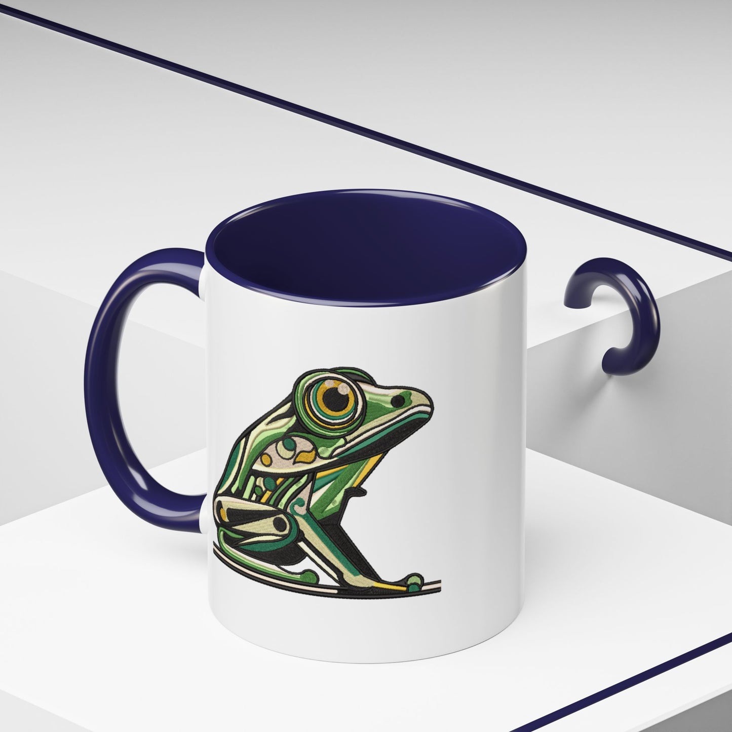 Green Stylized Frog Mug | Embroidery Styled Accent Colored Printed Coffee Mug (3817)