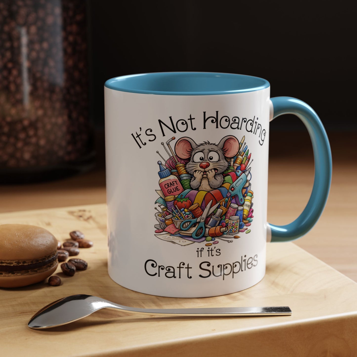 Craft Supply Hoarding Mouse Ceramic Mug | Funny Crafter Color Accent Mug (3857)