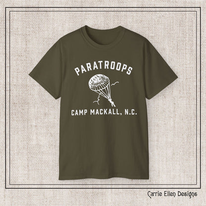 Camp Mackall Paratroops Short Sleeve T-Shirt – Vintage WWII Military Camp Design – Heavyweight 100% Cotton Tee (P-6032)