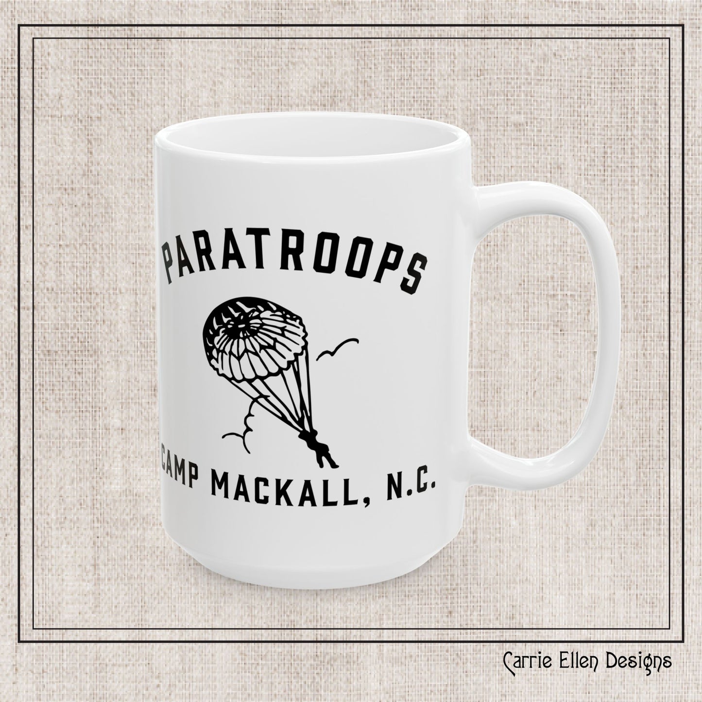Paratroops Camp Mackall NC Ceramic Mug – Vintage WWII U.S. Army Graphic Reproduction – 11oz & 15oz Sizes (P-6059)