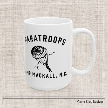 Paratroops Camp Mackall NC Ceramic Mug – Vintage WWII U.S. Army Graphic Reproduction – 11oz & 15oz Sizes (P-6059)