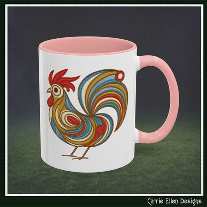Colorful Rooster Accent Coffee Mug – Abstract Farmhouse Animal Embroidery Styled Print | 11oz & 15oz Ceramic (P-6081)