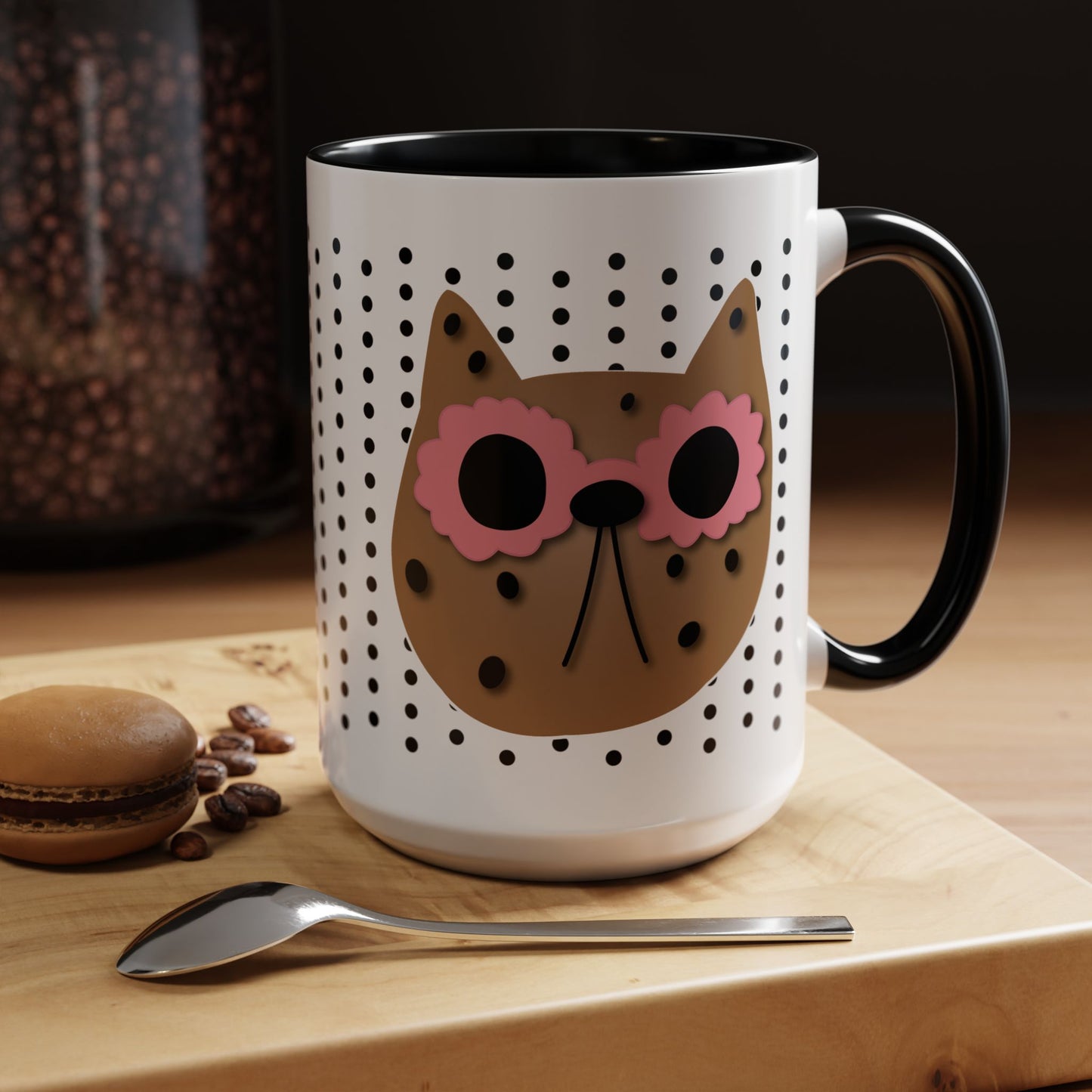 Spotted Cat Mug with Pink Sunglasses Accent Coffee Cup | 11oz 15oz (3812)