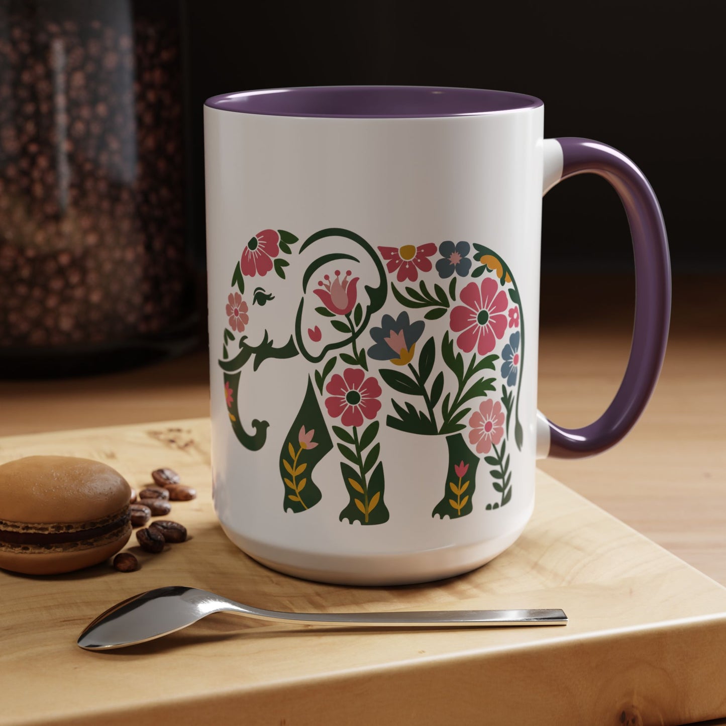 Floral Elephant Accent Coffee Mug | Boho Elephant Ceramic Mug | 11oz & 15oz Color Accent Mug (4271)